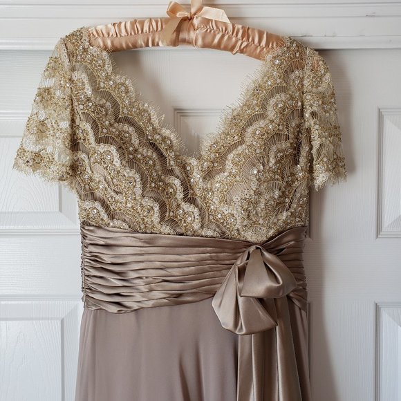 Jovani Beaded Silky Chiffon Gown Gold/Tan, Size 8 - Picture 2 of 13